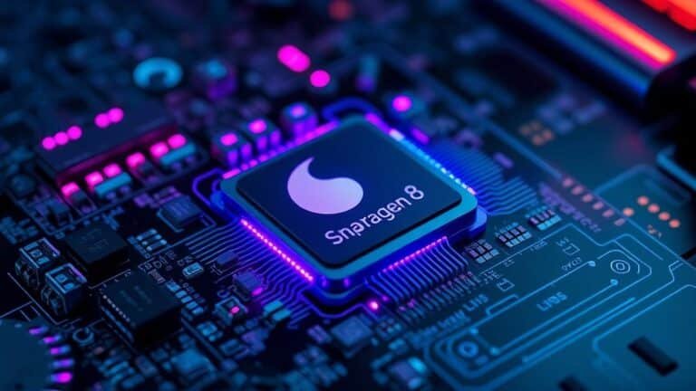 A sleek, futuristic close-up of the Snapdragon 8 Elite processor chip embedded on a high-tech motherboard, surrounded by glowing circuits in vibrant neon blue and electric purple hues, set against a dark, glossy background that enhances the chip's intricate metallic details. The lighting casts a dramatic, cyberpunk-inspired ambiance, emphasizing the processor's cutting-edge engineering and power.nnSnapdragon 8 Elite.